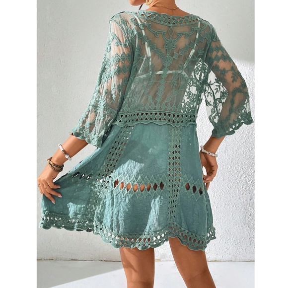 Green Boho Coverup Dress Tunic  Lace Detailed, Sheer, Mesh - Picture 5 of 8